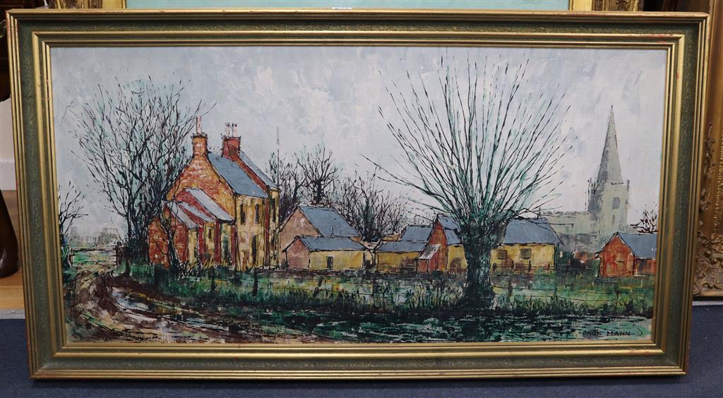 Paul Mann (1907-1994), Essex farmstead with church, signed, oil on canvas, 50 x 100cm